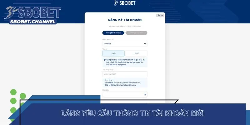 Bảng yêu cầu thông tin tài khoản mới